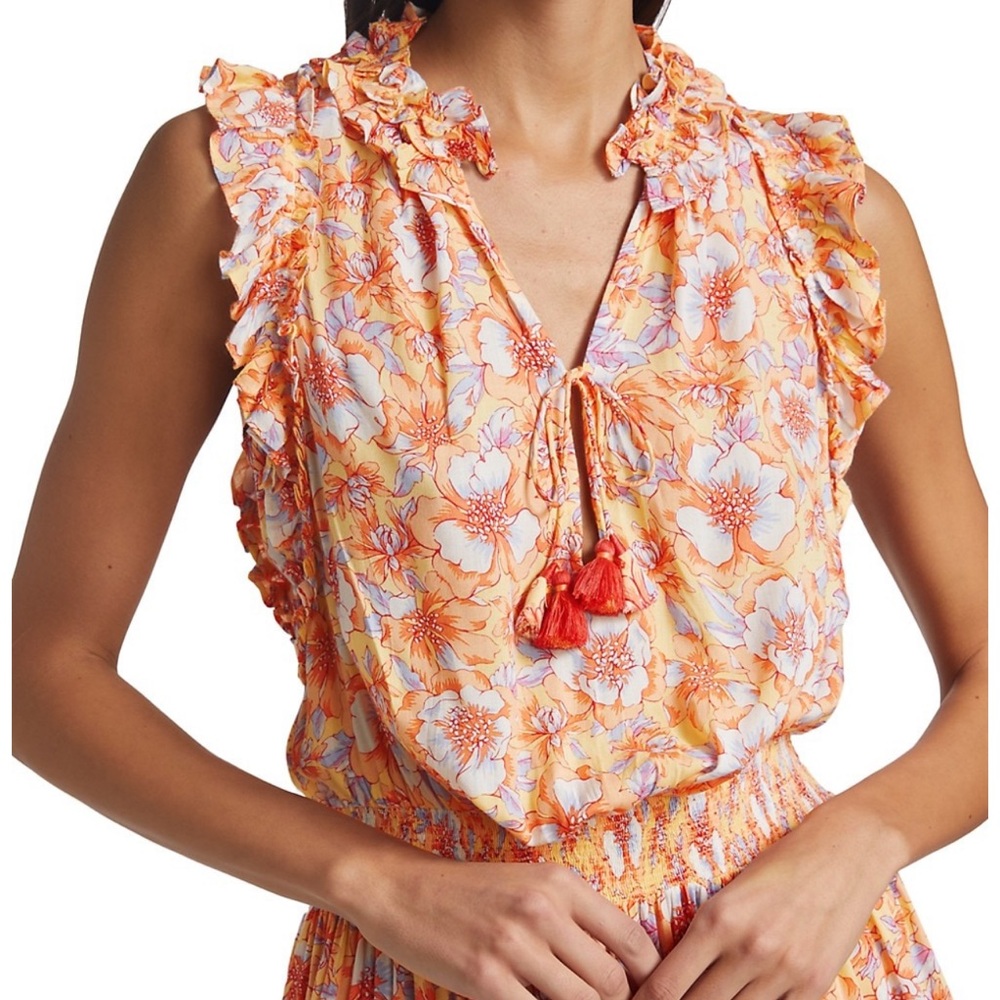 Poupette St. Barth Triny Smocked Floral Mini Dress with Tassel Ties - Picture 4 of 11